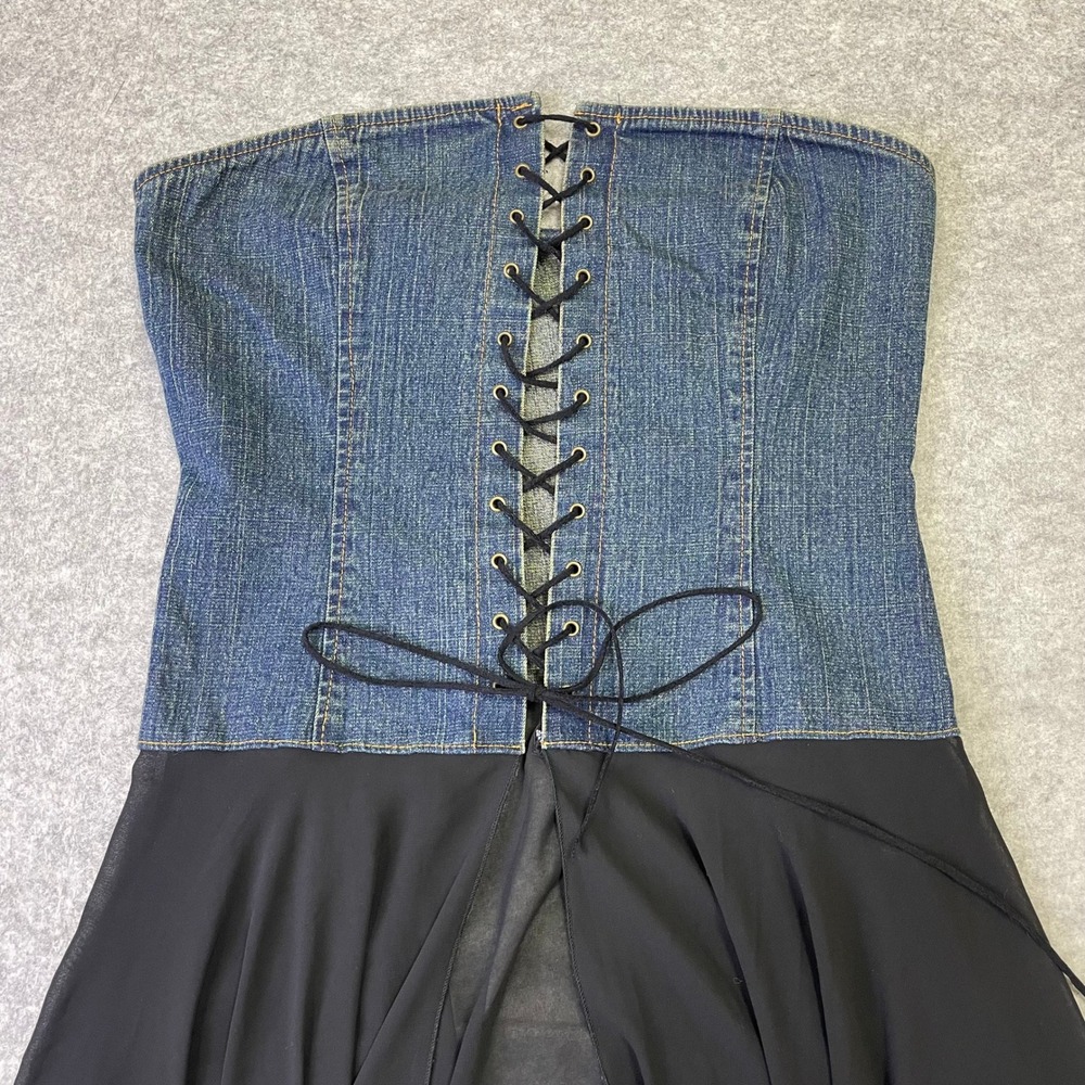 Sole Mio Y2K Denim Corset Top M Lace Up Asymmetrical Sheer Chiffon Whimsigoth - Picture 8 of 14